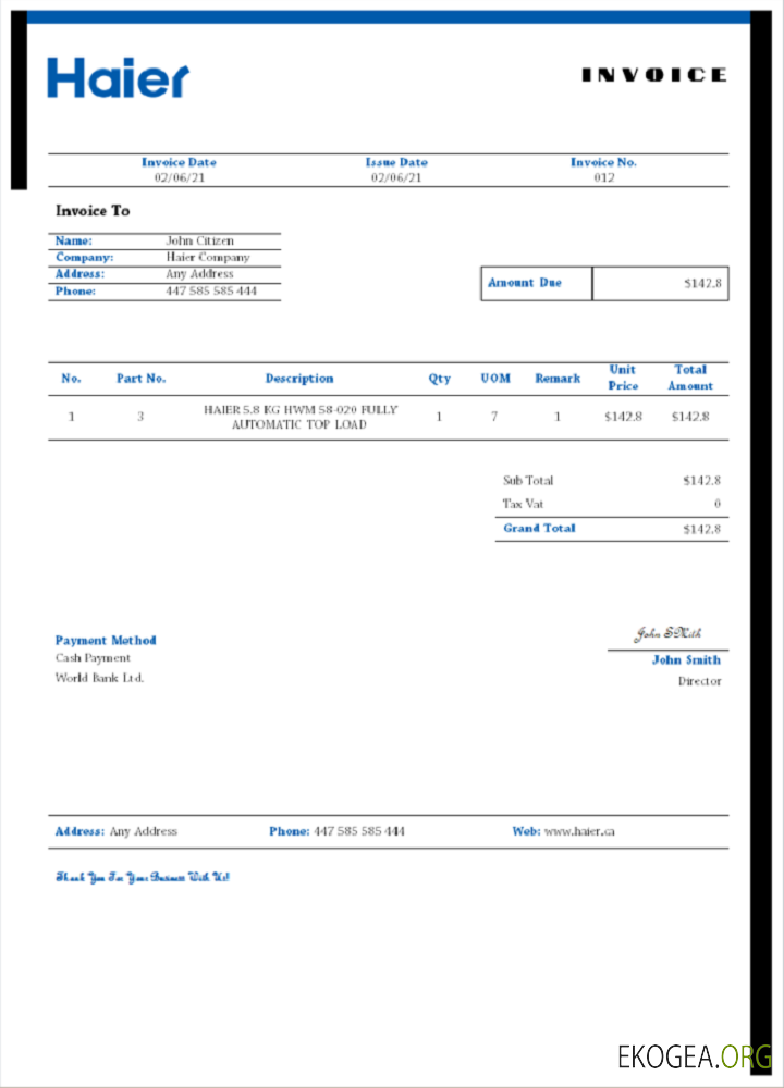 Facture Haier aux États , Unis